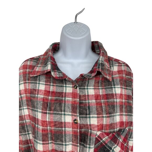 Brandy Melville Red & Green Plaid Button-Up Flannel Shirt One Size - Picture 3 of 8